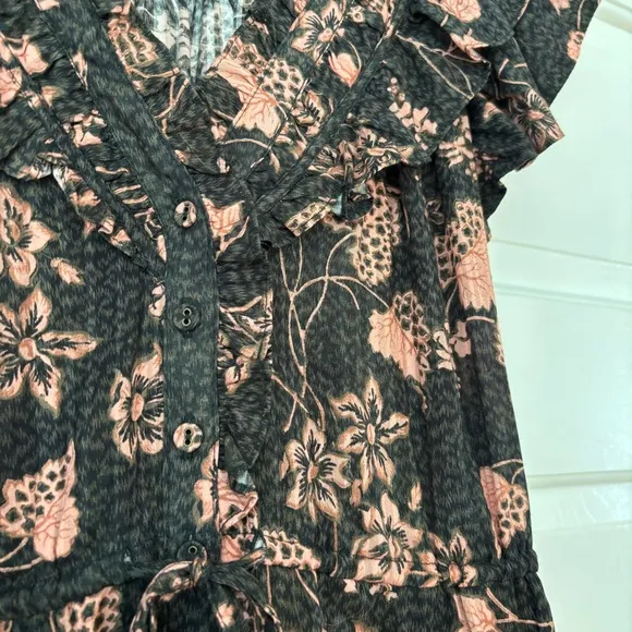 Ulla Johnson Romina Ruffle Dress - Balsam Floral Print Midi Size 8 Green Peach