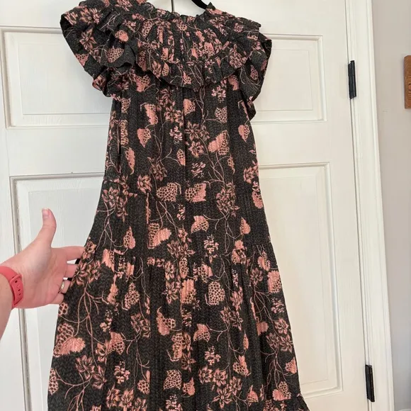 Ulla Johnson Romina Ruffle Dress - Balsam Floral Print Midi Size 8 Green Peach
