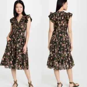 Ulla Johnson Romina Ruffle Dress - Balsam Floral Print Midi Size 8 Green Peach