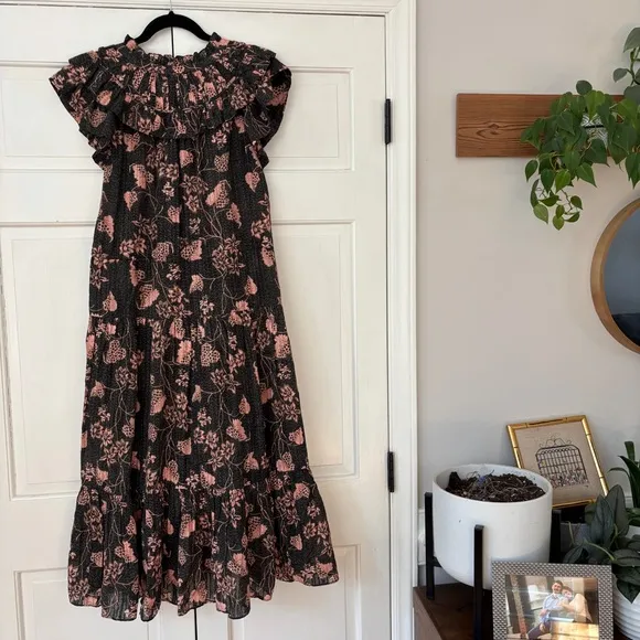Ulla Johnson Romina Ruffle Dress - Balsam Floral Print Midi Size 8 Green Peach