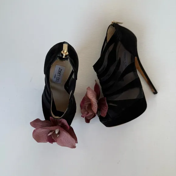 Up-cycled Jimmy Choo butterfly Orchid flower Heels shoes pumps 36 mesh accents