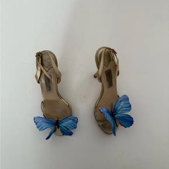 Up-cycled Jimmy Choo Orchid blue butterfly Heels shoes pumps sandals 39 9 gold
