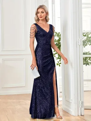 V Neck Sequined Slit Maxi Dress