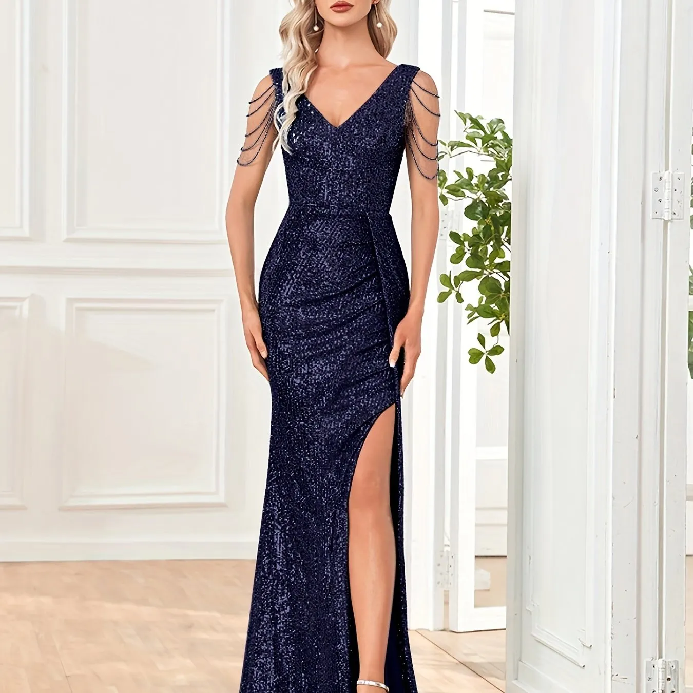 V Neck Sequined Slit Maxi Dress