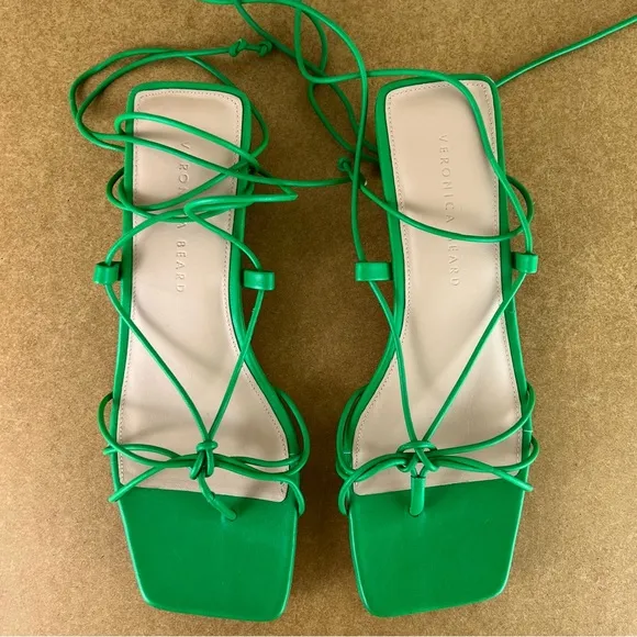 VERONICA BEARD GREEN LEATHER STRAPPY SANDALS