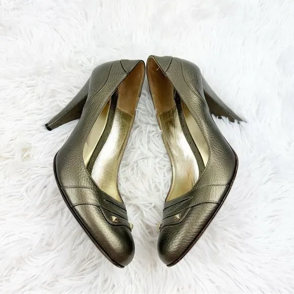 Versace Jeans Couture Metallic Round Toe Pebbled Leather Heeled Pumps