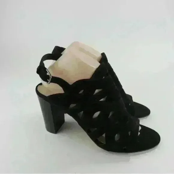 Via Spiga Black Suede Ankle Strap Sandal Heels Open Toe Size 9M Cutout Shoes