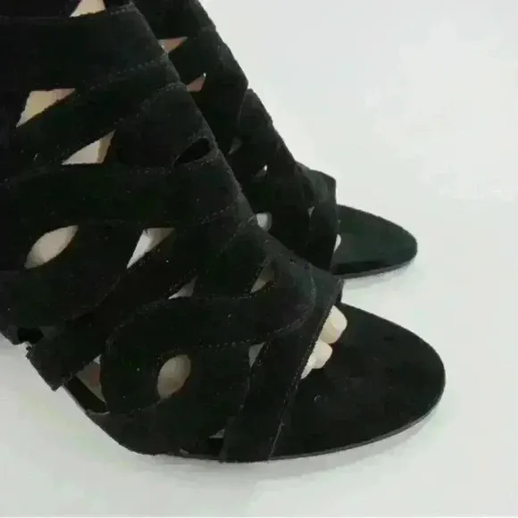 Via Spiga Black Suede Ankle Strap Sandal Heels Open Toe Size 9M Cutout Shoes