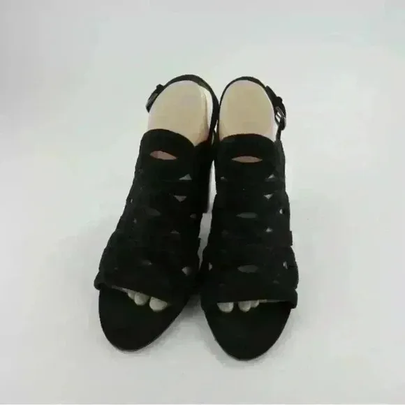 Via Spiga Black Suede Ankle Strap Sandal Heels Open Toe Size 9M Cutout Shoes