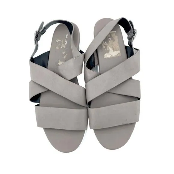 Via Spiga Grey Leather Sandals Cross Strap Buckle SZ 10 New