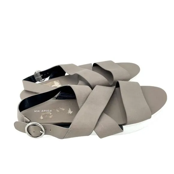 Via Spiga Grey Leather Sandals Cross Strap Buckle SZ 10 New