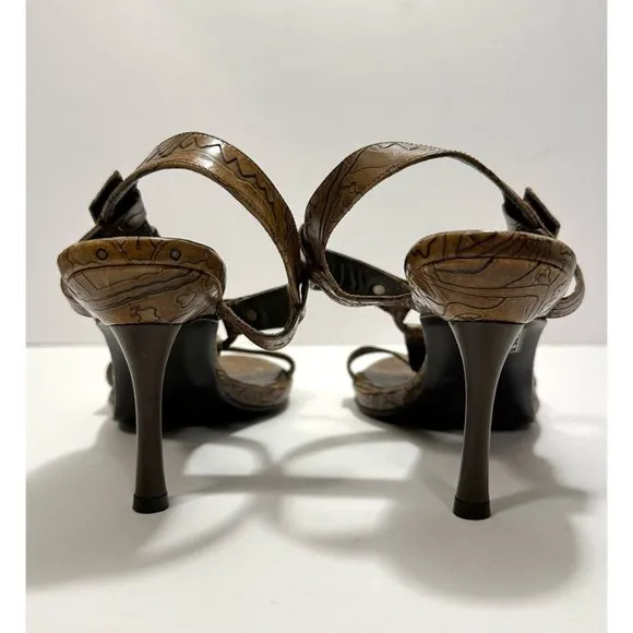 Via Spiga Italy Brown Floral Tooled Strappy Heel Sandals