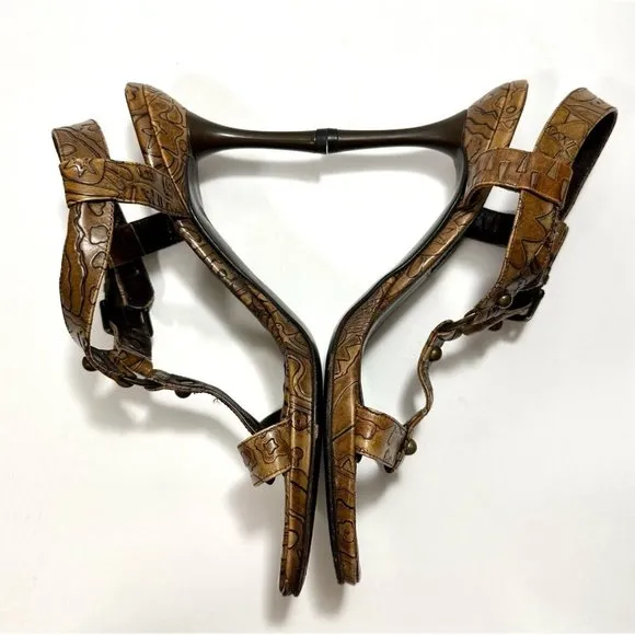 Via Spiga Italy Brown Floral Tooled Strappy Heel Sandals