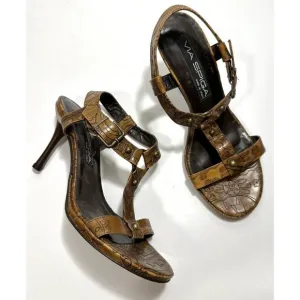 Via Spiga Italy Brown Floral Tooled Strappy Heel Sandals