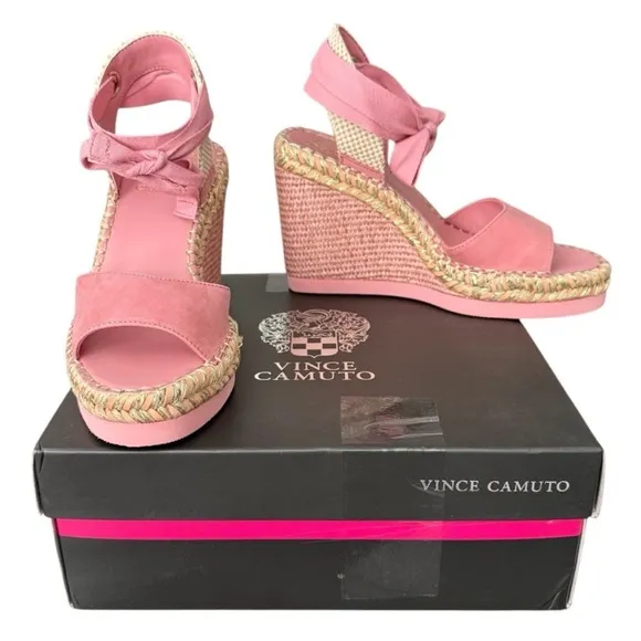 Vince Camuto Bendsen Pink Wedge Sandals Silky Nubuck Braided with Ankle Straps