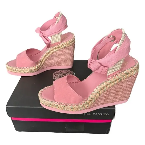 Vince Camuto Bendsen Pink Wedge Sandals Silky Nubuck Braided with Ankle Straps