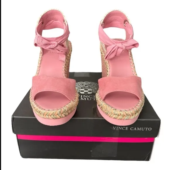 Vince Camuto Bendsen Pink Wedge Sandals Silky Nubuck Braided with Ankle Straps