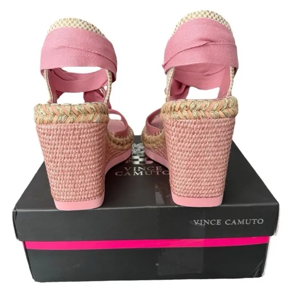 Vince Camuto Bendsen Pink Wedge Sandals Silky Nubuck Braided with Ankle Straps