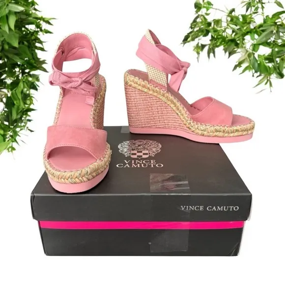 Vince Camuto Bendsen Pink Wedge Sandals Silky Nubuck Braided with Ankle Straps
