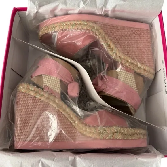 Vince Camuto Bendsen Pink Wedge Sandals Silky Nubuck Braided with Ankle Straps