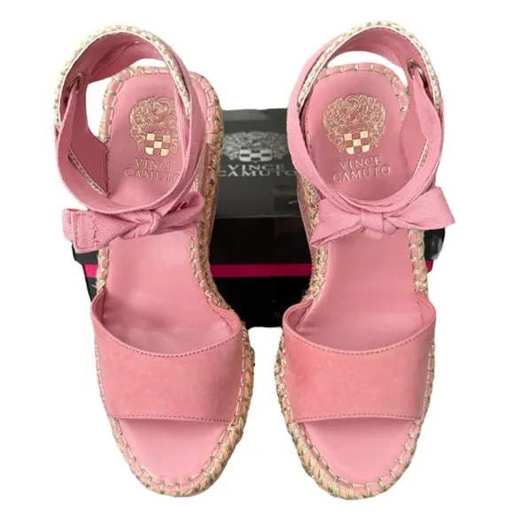 Vince Camuto Bendsen Pink Wedge Sandals Silky Nubuck Braided with Ankle Straps