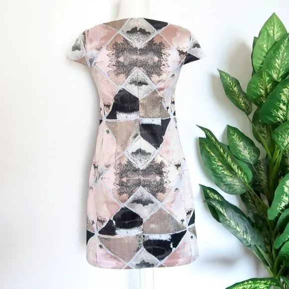 Vince Camuto Pink, Metallic &amp; Black Cap Sleeve Jacquard Fit &amp; Flare Mini Dress 2