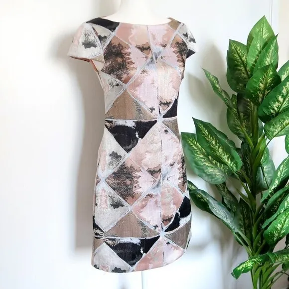 Vince Camuto Pink, Metallic &amp; Black Cap Sleeve Jacquard Fit &amp; Flare Mini Dress 2