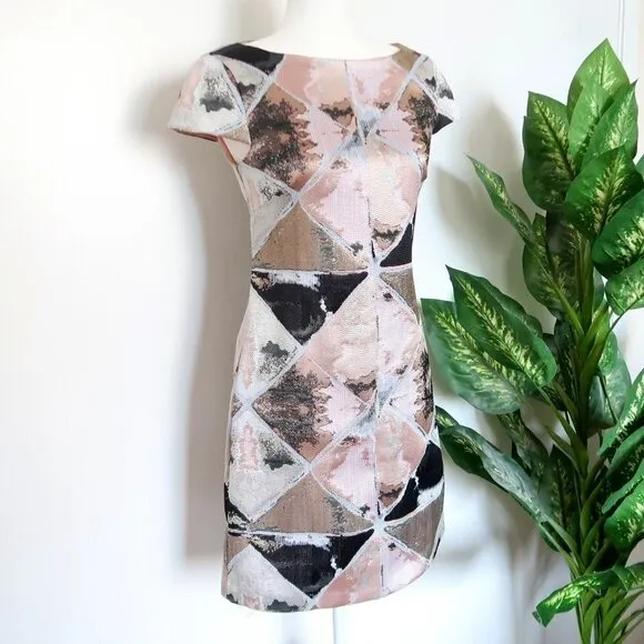 Vince Camuto Pink, Metallic &amp; Black Cap Sleeve Jacquard Fit &amp; Flare Mini Dress 2