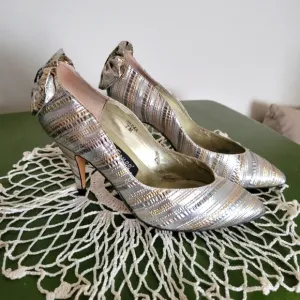 Vintage 1980s J. Renee Metallic Silver Gold W/ Pastels Bow Heel Striped Heels 7