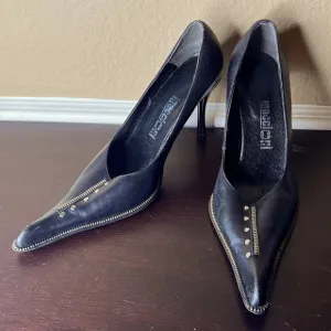 Vintage 1990's (EU 37) Maccioni Black Leather Pumps, High Heeled Shoes, 90's