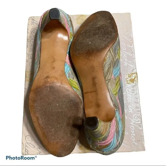 Vintage 70’s I. Magnin Silk Green Brown Pattern Heeled Pumps with bow Size 6B