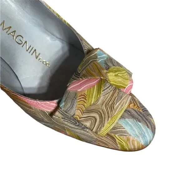 Vintage 70’s I. Magnin Silk Green Brown Pattern Heeled Pumps with bow Size 6B