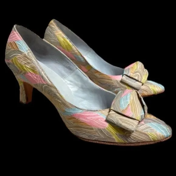Vintage 70’s I. Magnin Silk Green Brown Pattern Heeled Pumps with bow Size 6B