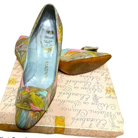 Vintage 70’s I. Magnin Silk Green Brown Pattern Heeled Pumps with bow Size 6B