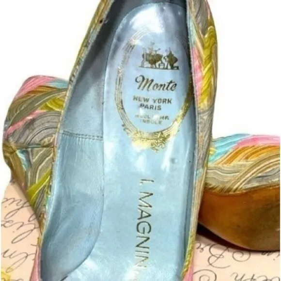 Vintage 70’s I. Magnin Silk Green Brown Pattern Heeled Pumps with bow Size 6B