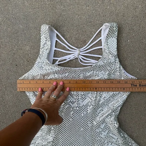Vintage 90s Maurices Silver Sparkle Mini Dress Gown Party Glam Disco 7/8