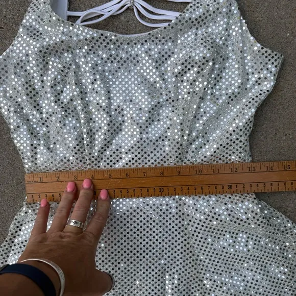 Vintage 90s Maurices Silver Sparkle Mini Dress Gown Party Glam Disco 7/8