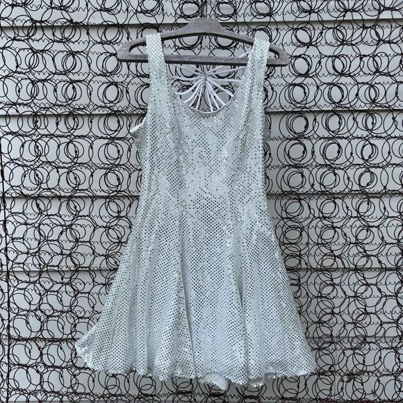 Vintage 90s Maurices Silver Sparkle Mini Dress Gown Party Glam Disco 7/8