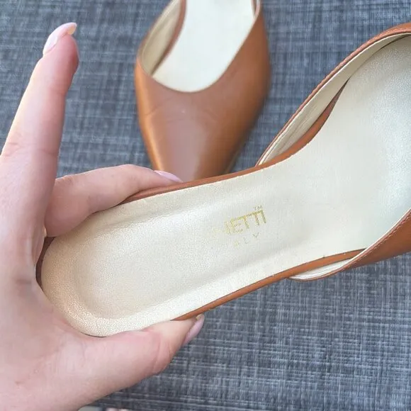 Vintage Tan Leather Pointed Kitten Heel Mules Bamboo Style Heel