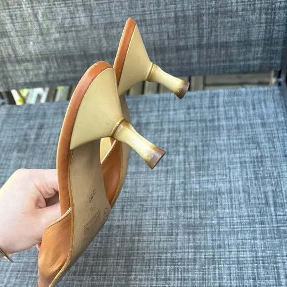 Vintage Tan Leather Pointed Kitten Heel Mules Bamboo Style Heel