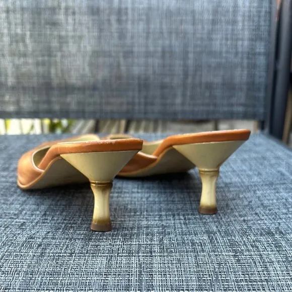 Vintage Tan Leather Pointed Kitten Heel Mules Bamboo Style Heel
