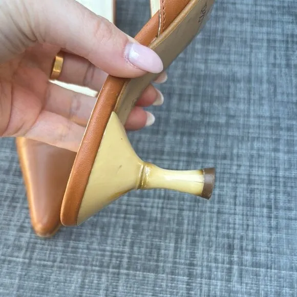 Vintage Tan Leather Pointed Kitten Heel Mules Bamboo Style Heel