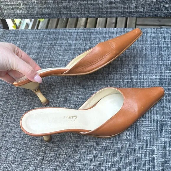 Vintage Tan Leather Pointed Kitten Heel Mules Bamboo Style Heel