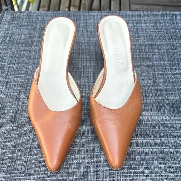 Vintage Tan Leather Pointed Kitten Heel Mules Bamboo Style Heel