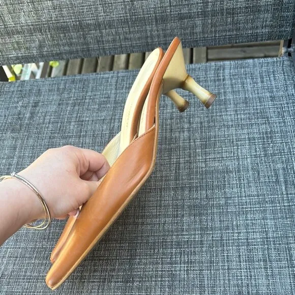 Vintage Tan Leather Pointed Kitten Heel Mules Bamboo Style Heel