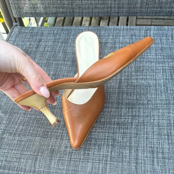Vintage Tan Leather Pointed Kitten Heel Mules Bamboo Style Heel