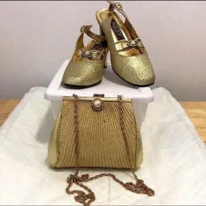 Vintage FUZZY Gold Glitter Block Heel Shoes With Gold Shoulder Bag Purse/Clutch