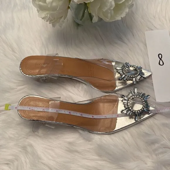 Vinyl Clear Rhinestone Pointed Toe Kitten Heel Slingback Sandals Shoes