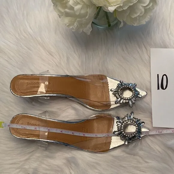 Vinyl Clear Rhinestone Pointed Toe Kitten Heel Slingback Sandals Shoes
