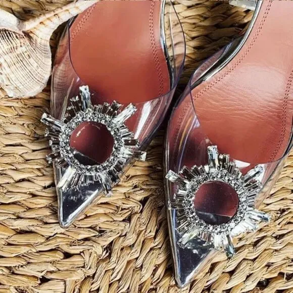 Vinyl Clear Rhinestone Pointed Toe Kitten Heel Slingback Sandals Shoes